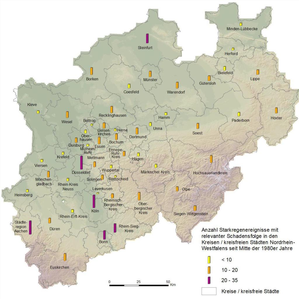 Starkregenereignisse in NRW Niederschlagsereignisse in den Jahren 1980 bis 2016 (ohne Anspruch auf Vollständigkeit) in den Kreisen und kreisfreien Städten in NRW ohne Niederschlagsmengen und -dauern.