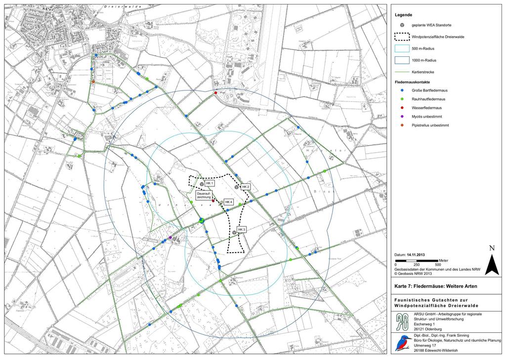 Abb. 23: Ergebnisse der Fledermausdetektorkartierung 2013