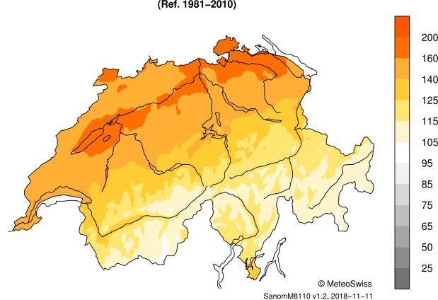 MeteoSchweiz Klimabulletin Oktober 2018 7 Temperatur, Niederschlag und Sonnenscheindauer im Oktober 2018 Messwerte absolut Abweichungen zur Norm Monatsmitteltemperaturen ( C) Abweichung der