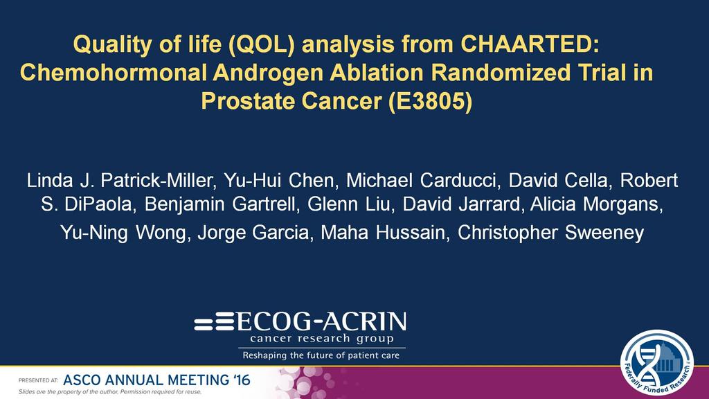 Quality of life (QOL) analysis from CHAARTED: Chemohormonal Androgen Ablation Randomized