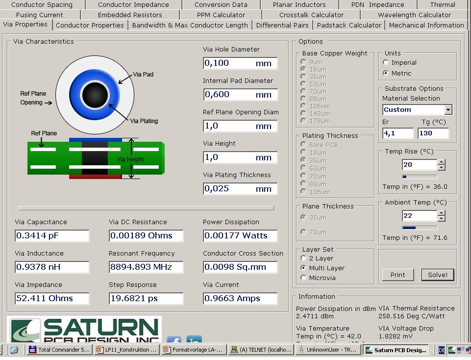 Physik eines Vias berechnen ( mit Saturn PCB Toolkit V6.51) Mit der Festlegung der Routing constraints am CAD-System wird der Viadurchmesser vorgegeben.