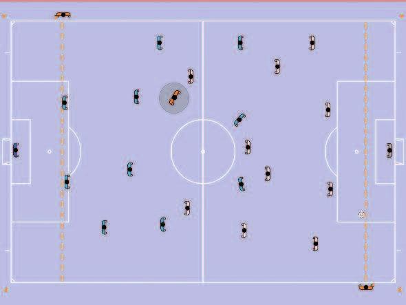 2. Grundposition während des Spiels Die Schiedsrichter-Assistenten stehen jeweils auf gleicher Höhe wie der vorletzte Verteidiger oder auf Höhe des Balls, wenn