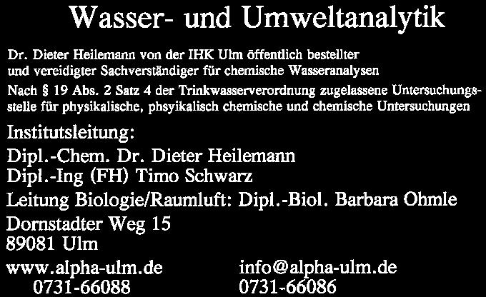Institut Alpha. Domstadter Weg 15 Stadt Illertissen Technische Dienste Abtl. Wasserwerk Herrn Becher Saumweg 26 89081 Ulm-Jungingen Dr.