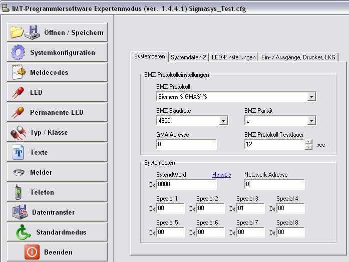 I F A M Siemens-Applikation SIGMASYS IMT4CPU Experten-Modus : Systemkonfiguration: Systemeinstellungen (entspr.