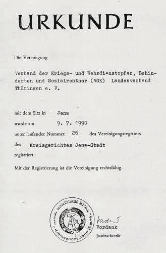 VdK-Geschichte im Bild von 1990 bis 1995 Urkunde Äber die Eintragung