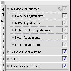 Unter diesen Optionen finden Sie die Bildoptimierungsfunktionen von Nikon Capture 4. Klicken Sie auf das Ein- /Ausblenden-Dreieck, um die unter»1.