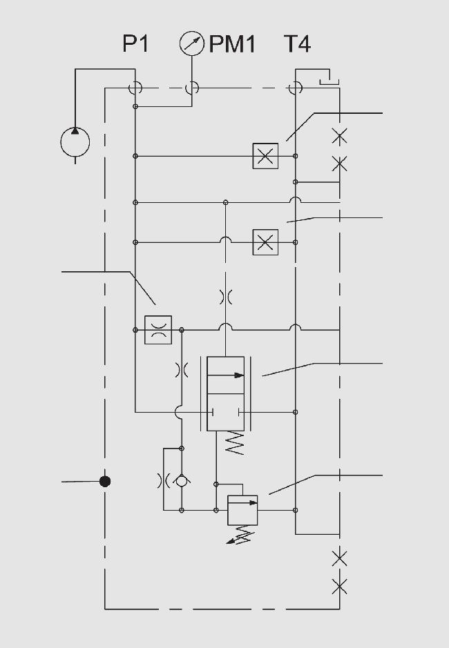 Anschlussplatte I0G Mit Q-Funktion und Stopfen anstelle des Pumpenabschaltventils A-Seite P T B-Seite PM Die Anschlussplatte ist auch ohne Abschaltventil erhältlich.