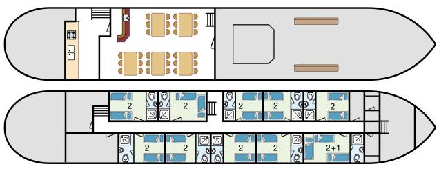 schließen Die Schiffe: Ave Maria Die Kabinen: 4 Superior Zweibettkabinen (2 können zu Drei- oder Vierbettbettkabinen mit Etagenbetten werden) auf dem Hauptdeck von ungefähr 11 m², 10 Standard