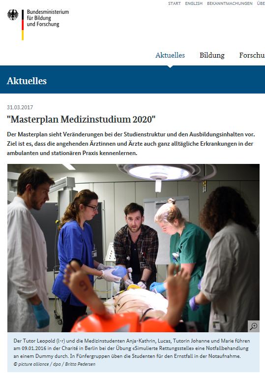 Masterplan Medizinstudium 2020 Kompetenzorientierte Ausbildung (2017) Ausbildung wird kompetenzorientiert neustrukturiert und NKLM weiterentwickelt.