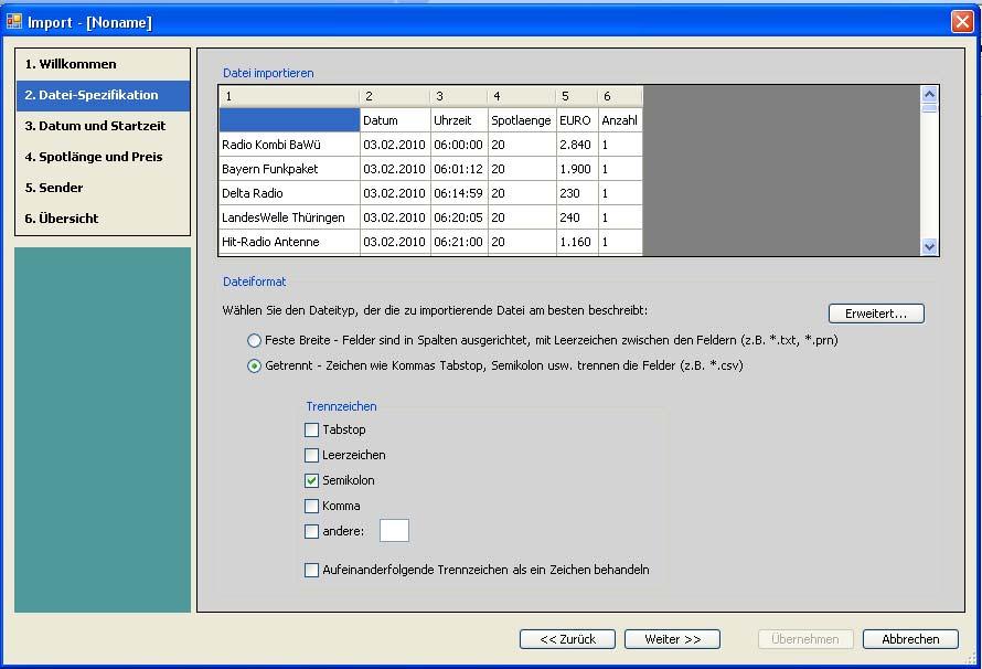 5. Registerkarte Planung Schritt 2: Datei-Spezifikationen Das Fenster zeigt einen Ausschnitt aus der Import-Datei. Die Spalten sind durchnummeriert.