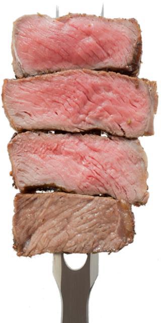 Rosa / Medium / Medium / À point Das Fleisch wird bei mittlerer Hitze auf den Punkt gegart. Die Kerntemperatur beträgt 60-65 C und ist von innen nach aussen gleichmässig rosa. 4.