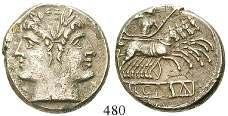 44/6; Syd.141. leichte goldene Patina. ss-vz 240,- RÖMISCHE REPUBLIK 484 Me-Sesterz nach 211 v.chr., Rom. 0,93 g.