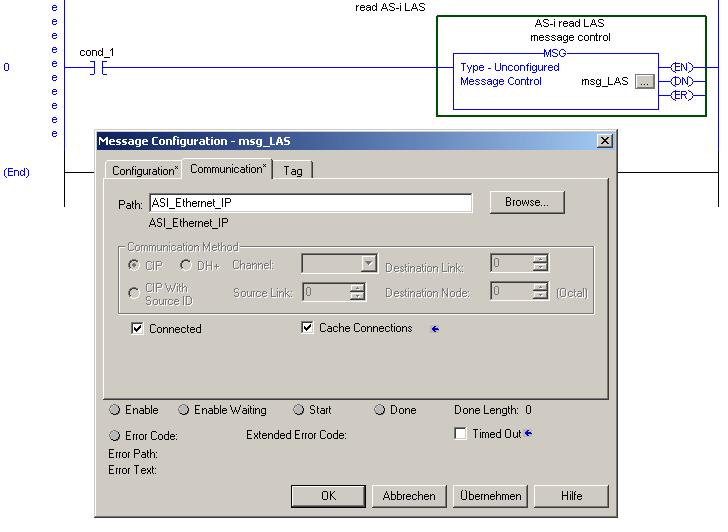 Datenübertragung unter Verwendung von CIP in RSLogix5000 Das Fenster "Message Configuration" öffnet sich!
