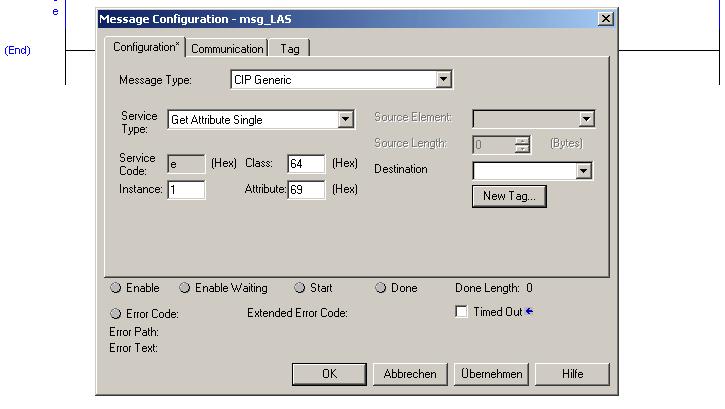 Datenübertragung unter Verwendung von CIP in RSLogix5000 13.2 Beispiel 1: Lesen von LAS! Selektieren Sie den Reiter "Configuration" im Fenster "Message Configuration"! Wählen Sie:!