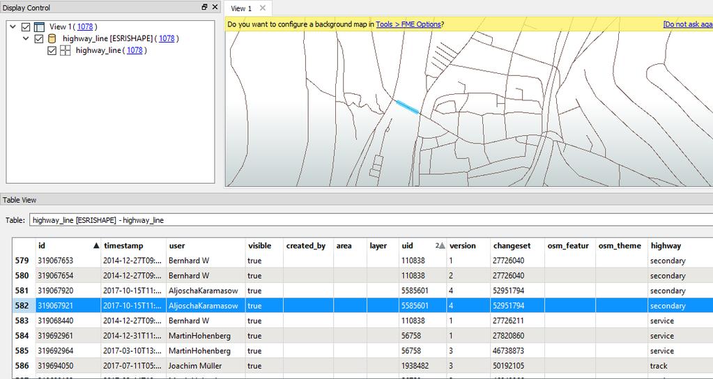 Workflow mit OpenStreetMap-Daten dernhall markiert. Anhand der OSM-Daten ist es aber nicht ersichtlich, dass es sich um eine Brücke handelt. Abb. 39: Layer highway_line im FME Data Inspector.