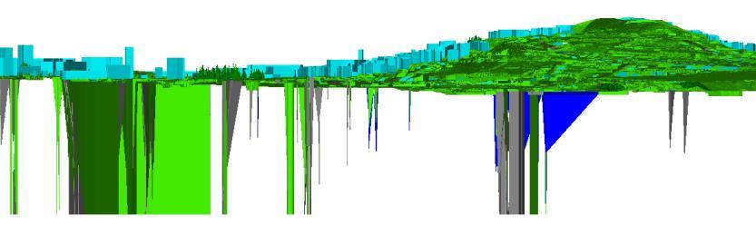 69: Screenshots aus dem 3D-DLM Stuttgart aus OSM-Daten. Links: Vegetationsobjekte durchdringen Brücke. Rechts: Zahlreiche, z.t. sehr große Artefakte ( LiDAR-Daten LGL, OSM-Daten: ODbL, Geofabrik-Daten: CC BY-SA 2.