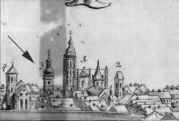Teil einer Planskizze mit eingezeichnetem Turm, Plan de la Ville de Caschau aus dem Jahr 1685, Baden-Württenberg Generallandesarchiv Karlsruhe HfK VI, fol. 39. Obr. 5. Košice, Urbanova veža.