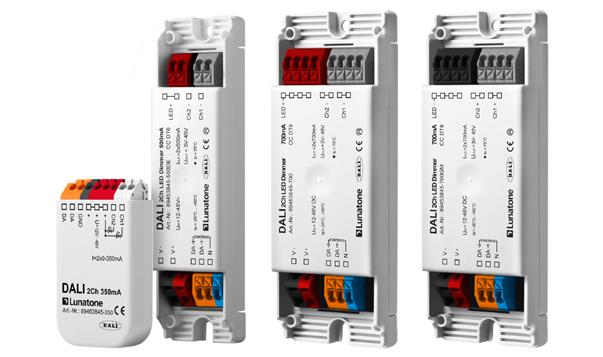 20 12-48V Betriebsgeräte - Mehrkanalgeräte DALI 2Ch LED Dimmer CV DT6 DALI LED-Treiber (CV) mit 2 getrennt steuerbaren Kanälen. Jeder Kanal verfügt über eine eigene DALI Adresse.