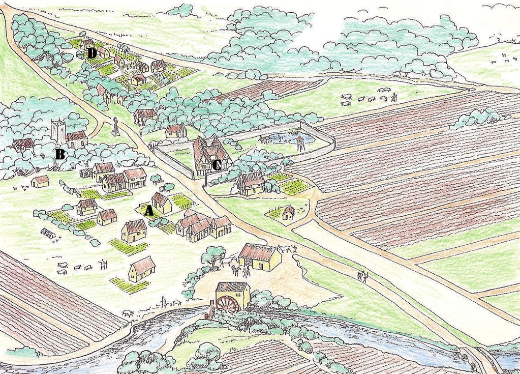 M1 Vor 6 von 24 Mittelalterliches Dorf Schau dir die Zeichnung eines mittelalterlichen Dorfs genau an. Spekuliere, was für Menschen in den Häusern A, B, C und D lebten.