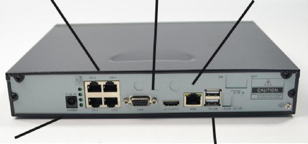 Rückansicht 4x LAN-Anschluss für Kameras VGA Anschluss-Monitor Anschluss Router Spannungsversorgung 48V / 2Ah - Netzteil USB für Maus und Backup-Sicherung Festplatte wechseln Lösen Sie die Schrauben,