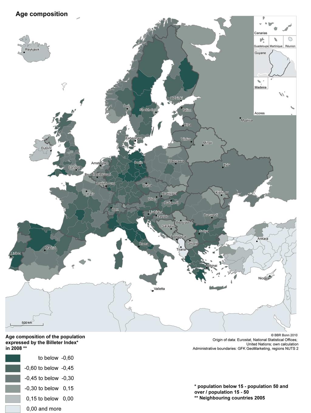 Wer ist alt, wer ist jung? Die Regionen in Europa zeigen eine gewisse Streubreite, Im Vergleich zu den nordafrikanischen Anrainerstaaten ist die Alterung weit fortgeschritten.