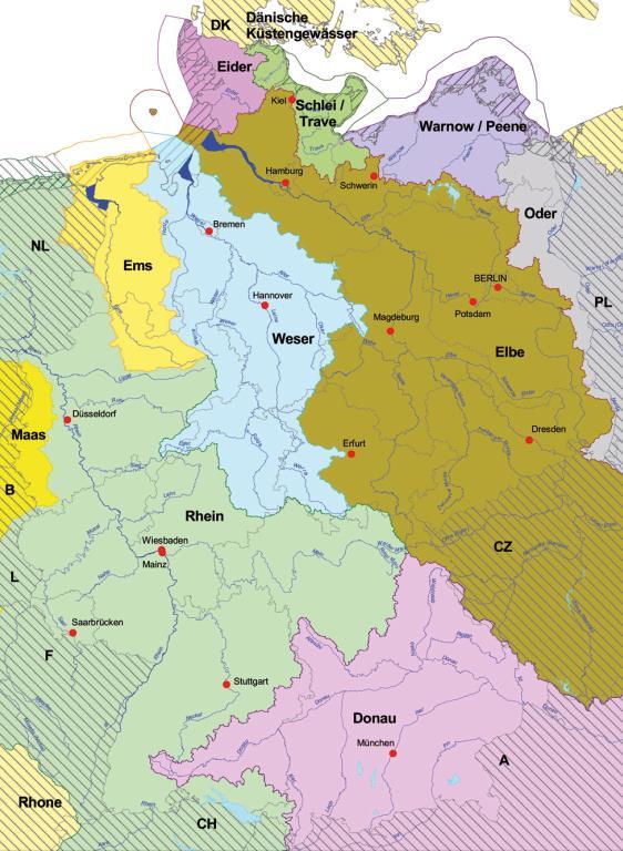 Die 10 Flussgebietseinheiten in Deutschland Koordinierung Internationale Flussgebietskommissionen (IKSR, IKSE, IKSD)