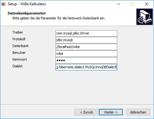WiBe Kalkulator 3.2.2 Mehrplatzversion Dieser Schritt wird nur ausgeführt, wenn vorher die Mehrplatzversion gewählt, d.h. die Einzelplatzversion abgewählt wurde. 3.2.2.1 Datenbankparameter Abbildung 8: Parameter der Netzwerkdatenbank In der Mehrplatzversion wird mit anderen WiBe-Programmen auf eine gemeinsame Datenbank zugegriffen.