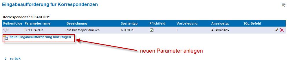 Nun können Sie entweder bestehende Parameter anpassen oder neue hinzufügen: Abbildung 4: Übersicht über Parameter zur Korrespondenzvorlage Jetzt können Sie den neuen Parameter anlegen.