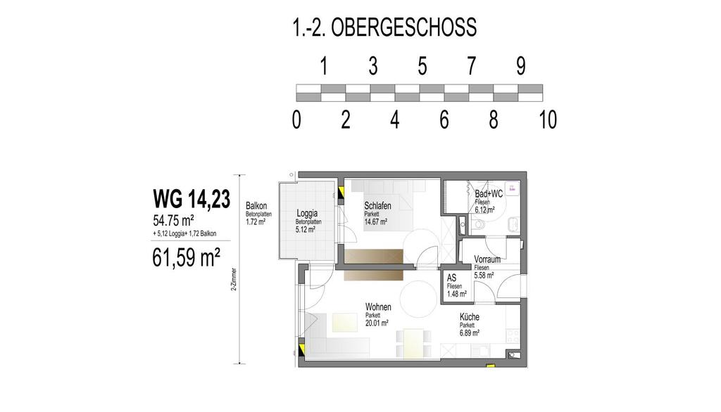 Wohnungsgrundrisse 2-Zimmer WG 14, 23 54,75 + 5,12
