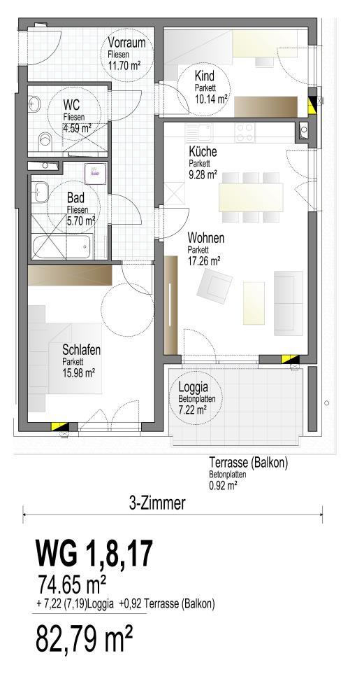 Wohnungsgrundrisse 3-Zimmer WG 1, 8, 17 74,65 +