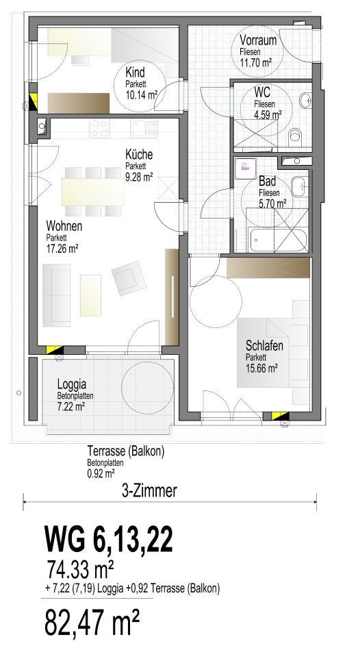 /Balkon) 82,79 m² 3-Zimmer WG 6, 13, 22 74,33 +