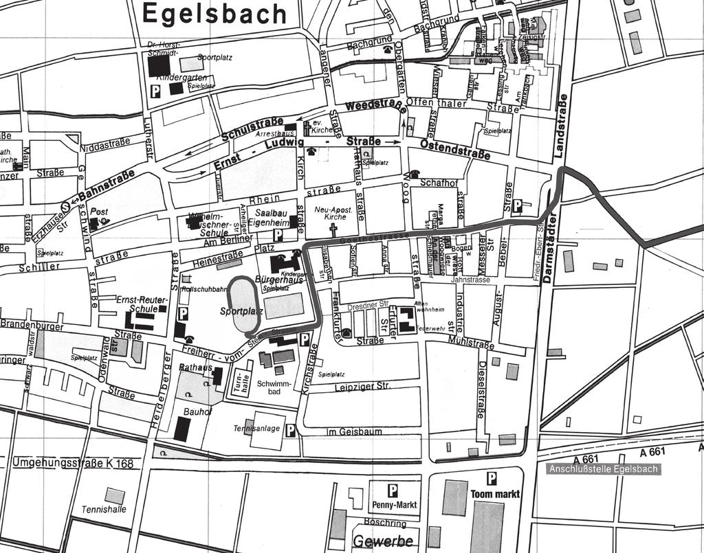 Anreiseweg: Egelsbach liegt 12 km nördlich von Darmstadt an der Bundes straße 3 und ist über die Bundesautobahn A5 Abfahrt Langen/Egelsbach oder A661 Abfahrt Egelsbach zu erreichen.