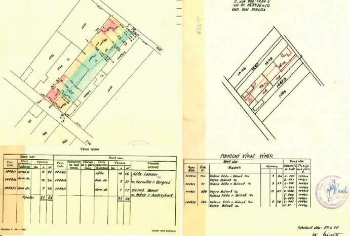 Obr. 5 GP z roku 1966 stav podľa EN (vľavo), stav právny (vpravo) (archív KOOÚ DS). v ňom zásadné zmeny. Odtlačky pôvodných KM dostali názov pozemkové mapy a ich obsah sa upravil.