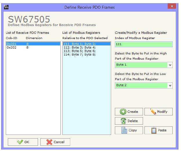 6.10 Define Receive PDO Frames Klicken Sie auf den Button Define PDO (Step 5) und es erscheint das folgende Fenster: Parameter List of Receive PDO Frames List of Modbus Register Create/ Modify a
