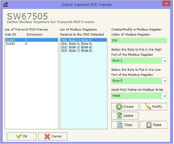 6.12 Define Transmit PDO Frames klicken Sie auf den Button Define PDO (Schritt 6) und es erscheint das folgende Fenster: Parameter List of Transmit PDO Frames List of Modbus Register Create/ Modify a