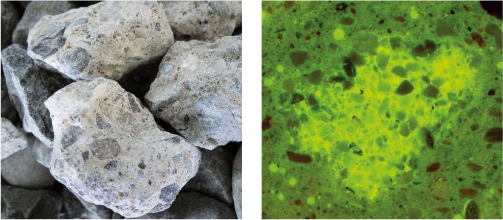 Abb. 5.1.4: Rezykliertes Gesteinskorn: Ansicht (links), mikroskopische Aufnahme im UV-Licht (rechts).