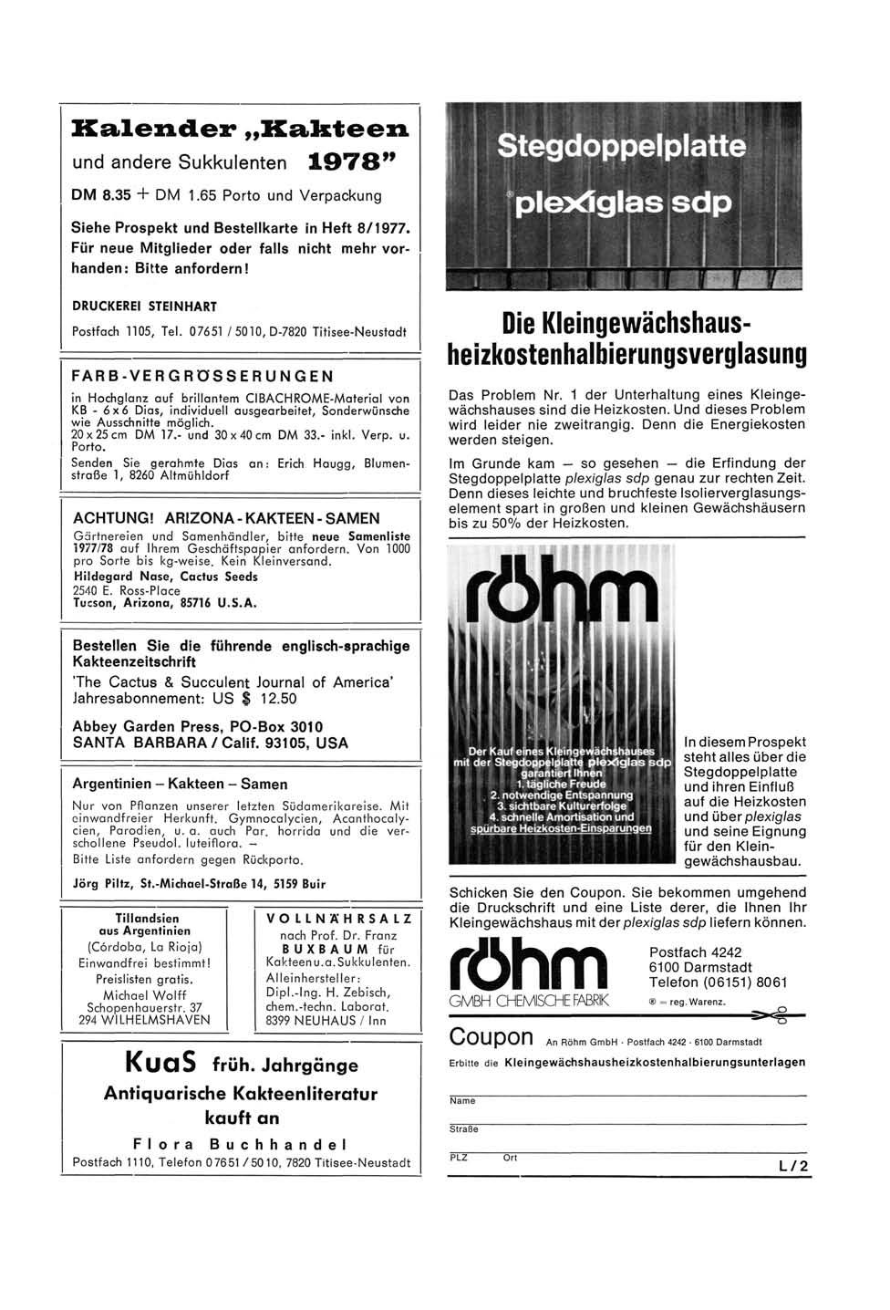 Kalender Kakteen. und andere Sukkulenten 1978** D 8.35 + D 1.65 Porto und Verpackung Siehe Prospekt und Bestellkarte in Heft 8/1977.