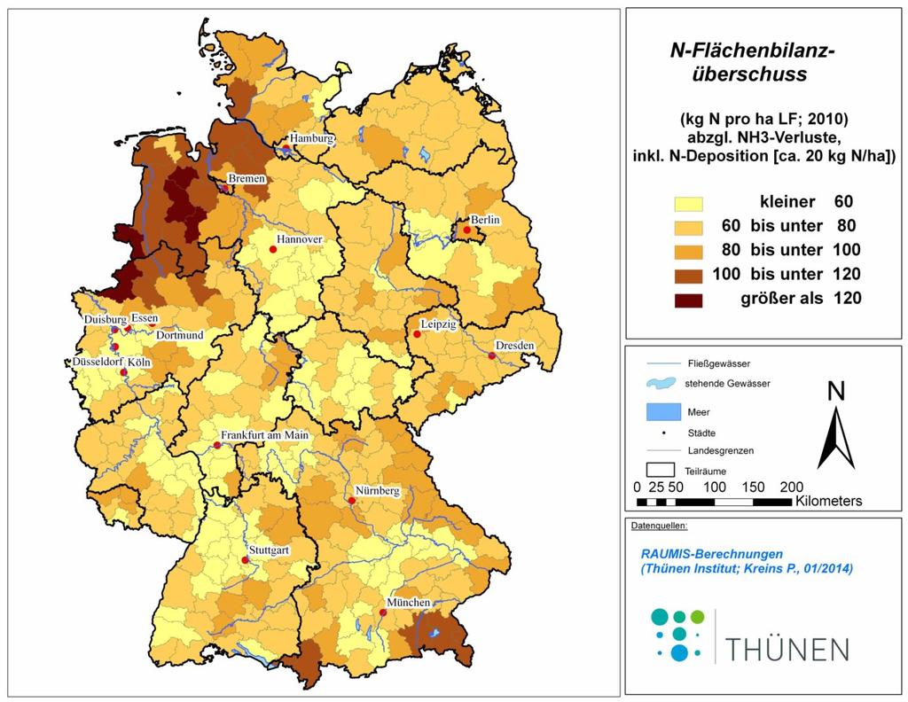 Stickstoff-Flächenbilanzüberschuss 2010 in Deutschland Quelle: schriftliche Mitteilung von