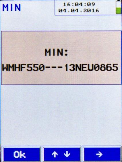 Überprüfung durch die Prüfstelle Es erscheint die MIN-Nummer mit folgenden Ziffern: WMHF550[5 Stellen für die Seriennummer][3 Stellen für die Prüfstellennummer] [4 Stellen für Monat und Jahr der
