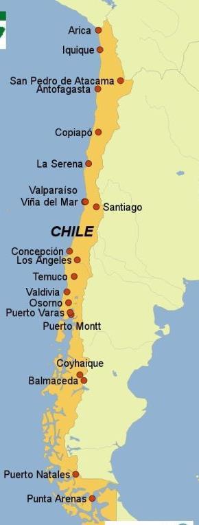 República de Chile, das Land, wo die Welt zu Ende ist, ist ein Staat im Südwesten Lateinamerikas, mit 4275km Länge in Nord-Süd-Ausdehnung und durchschnittlich ca.200km breite in West-Ost- Ausdehnung.