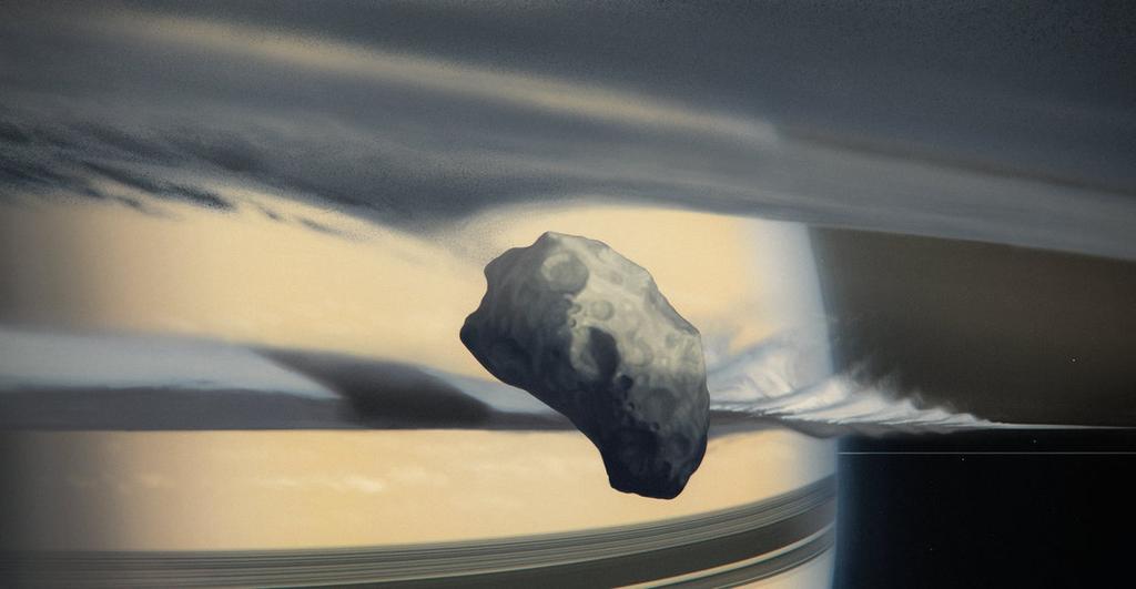 Eine weitere künstlerische Darstellung der beobachteten Wellenmuster im Saturnring: Abb. 5 Künstlerische Darstellung des Einflusses des Mondes Daphnis auf das Ringsystem des Gasplaneten.