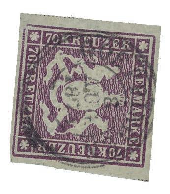 Württembergs Kreuzer-Höchstwert in der seltenen Farbe (Dunkel)violettbraun Im Januar 1873 gab das Königreich Württemberg eine Freimarke zu 70 Kreuzern heraus.