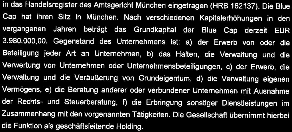 Die Blue Cap wurde mit Satzung vom 21. April 2006 gegründet und am 05. Mai 2006 in das Handelsregister des Amtsgericht München eingetragen (HRB 162137). Die Blue Cap hat ihren Sitz in München.