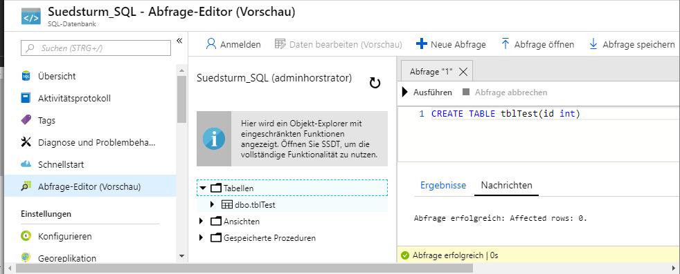 Bearbeiten der Datenbank Azure bietet rudimentäre Mittel, um den Entwurf der Datenbank zu bearbeiten und zum Beispiel Tabellen zu erstellen.