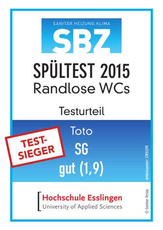 SBZ-Spültest-Sieger Die Zeitschrift sbz hat zusammen mit der Hochschule Esslingen die Spüleigenschaften spülrandloser WCs aller namhaften Hersteller getestet.