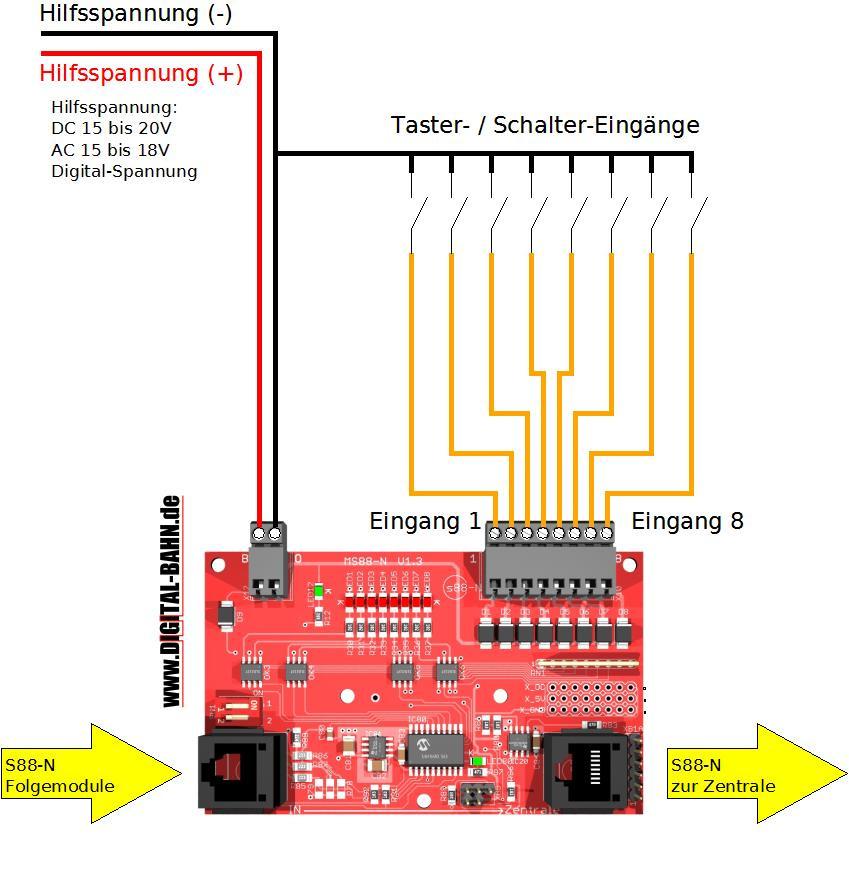 3.1.2 Anschluss als Taster- / Schalter Eingang Abbildung 3: Anschluss von Schaltern oder Tastern Analog zur Verwendung als Masse-Sensor kann das Modul auch Taster oder Schalter einlesen. Dies kann z.