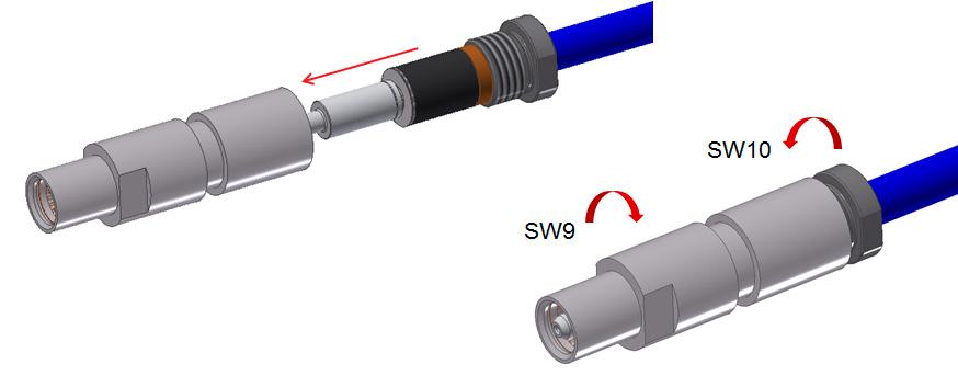 14) Die Isolation (2) über den Kontakt (Stecker oder Buchse (3)) bis an den Anschlag auf den Distanzring (4) schieben. (ill.