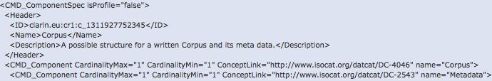 maschinenlesbare Varianten der Komponentenspezifikation hinter den (Meta)Daten stehende Konzepte, wie Corpus, Metadata, Name, werden über
