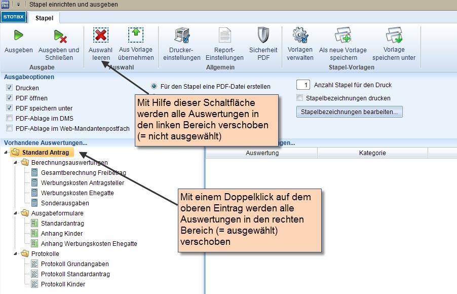 Außerdem können Sie mit der Tastenkombination Strg+A alle Auswertungen im linken Bereich markieren und per Drag&Drop in den