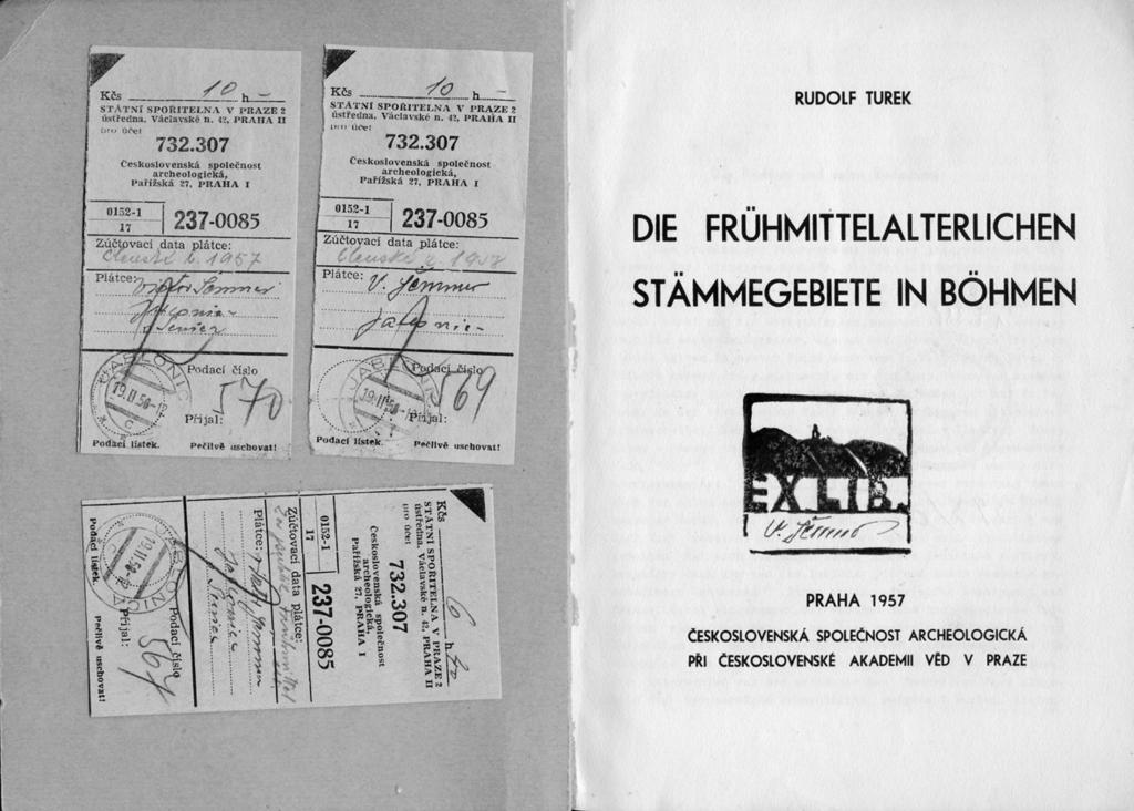 Obr. 1. Ex libris bývalého člena ČSSA pri ČSAV v knihe Rudolfa Turka, doklady o zaplatení členského a zakúpení tejto publikácie. Sken originálu: autor.